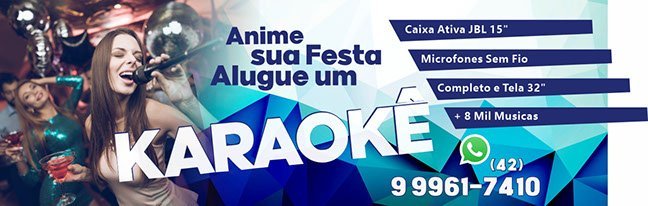 Anime sua festa. Alugue um karaokê em Ponta Grossa. Caixa ativa JBL 15, microfones sem fio, tela 32 polegadas e mais de 8 mil músicas. WhatsApp (42) 99961-7410.