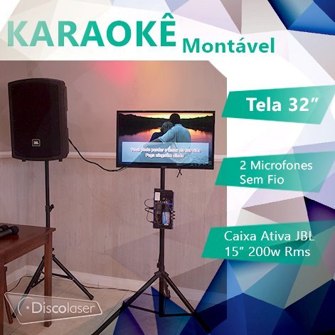 Karaokê montável com tela 32 polegadas, 2 microfones sem fio e caixa ativa JBL 15 polegadas 200W RMS.