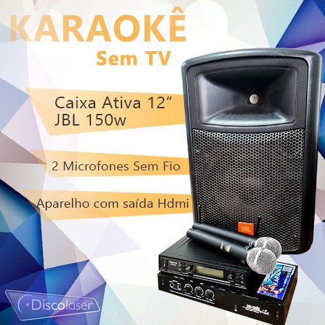 Karaokê sem TV: caixa ativa JBL 12 polegadas 150W, 2 microfones sem fio e aparelho com saída HDMI.